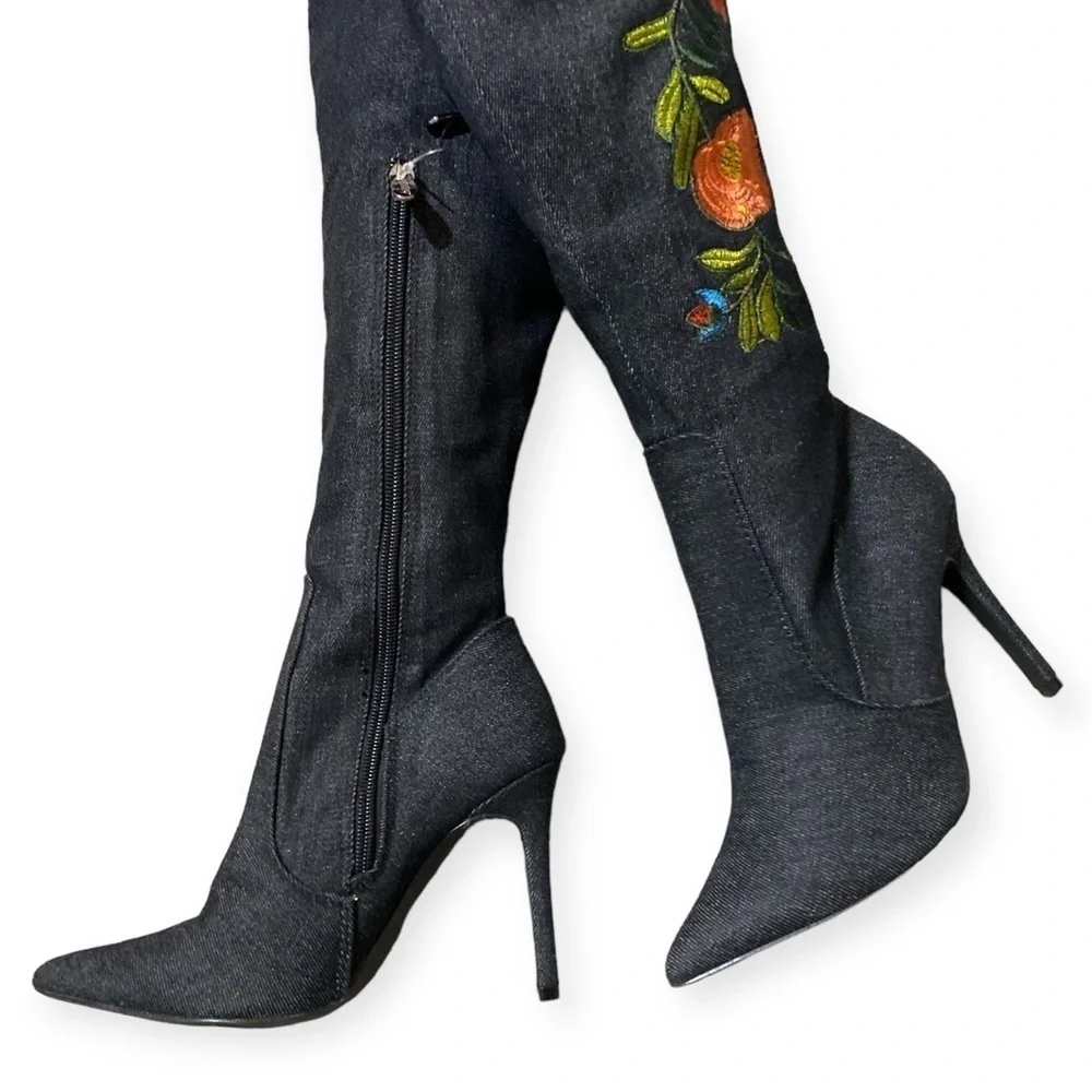 Vintage Denim Over the Knee Slouchy Boot Embroidered Butterflies Point Toe Size7